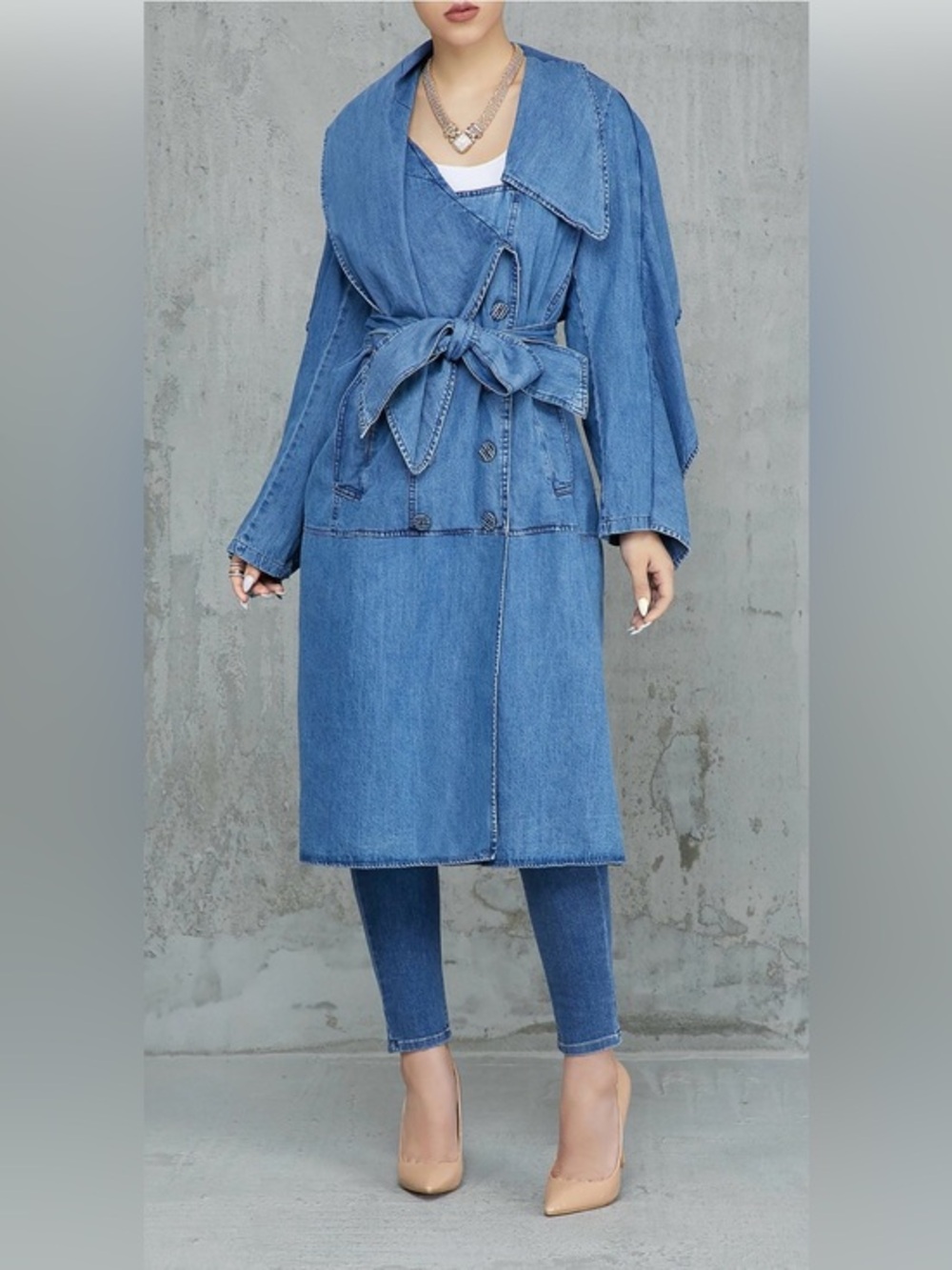 Kosmios Denim Trench Coat Belted Waterfall Collar Duster Small